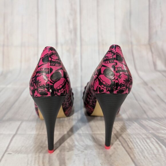 JustFab Women's Pink-Black Skull Peep Toe Heels Size 41 - Picture 5 of 11
